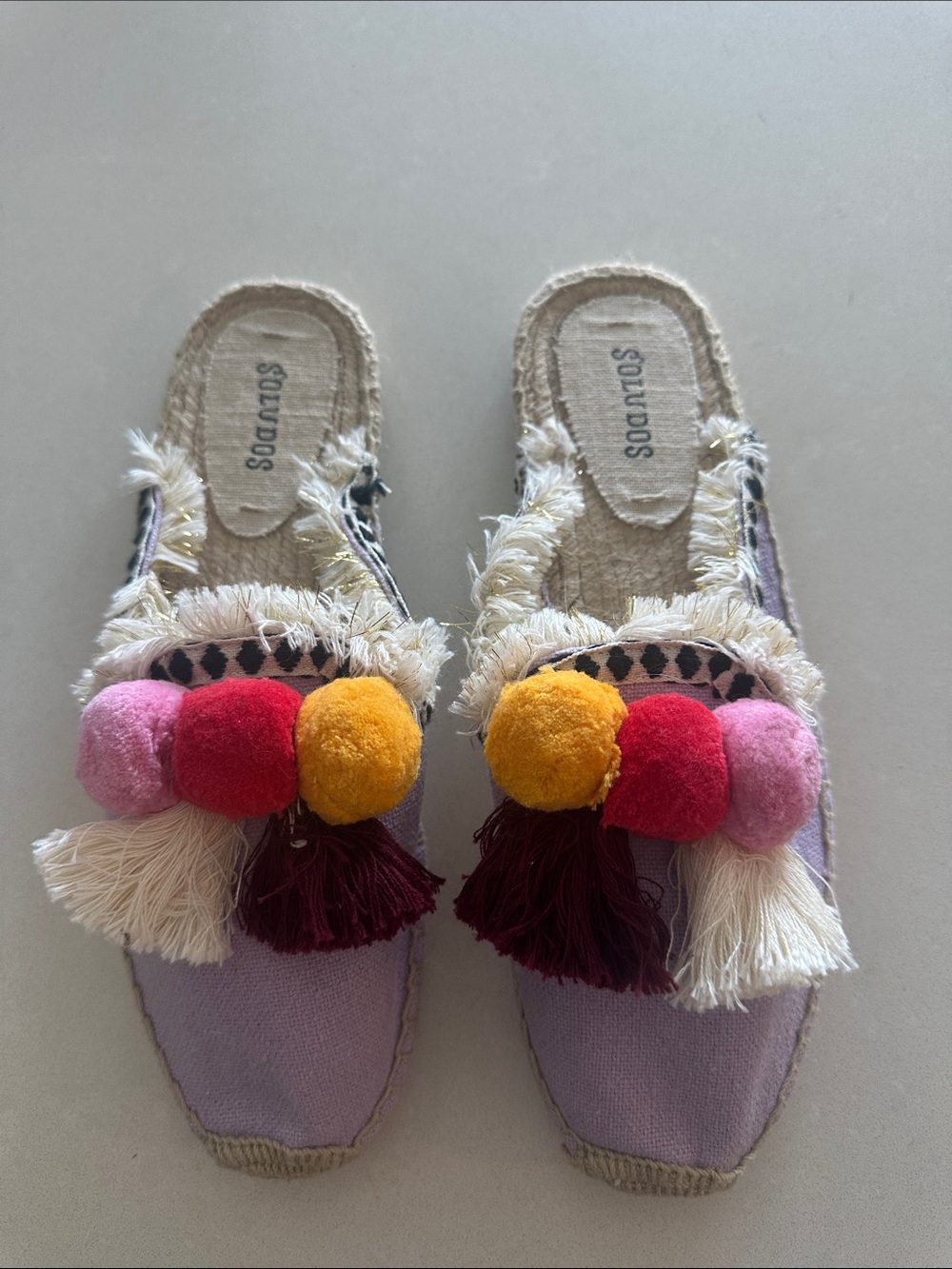 Soludos Lavender Espadrille Mules with Multicolor Pom Poms